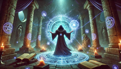 Hoodierter Magier steht in einem leuchtenden Zauberkreis, umgeben von magischen Symbolen und Pentagrammen – imposante Fantasy-Szene in antikem Tempel mit mystischem Licht und schwebenden Runenkugeln.