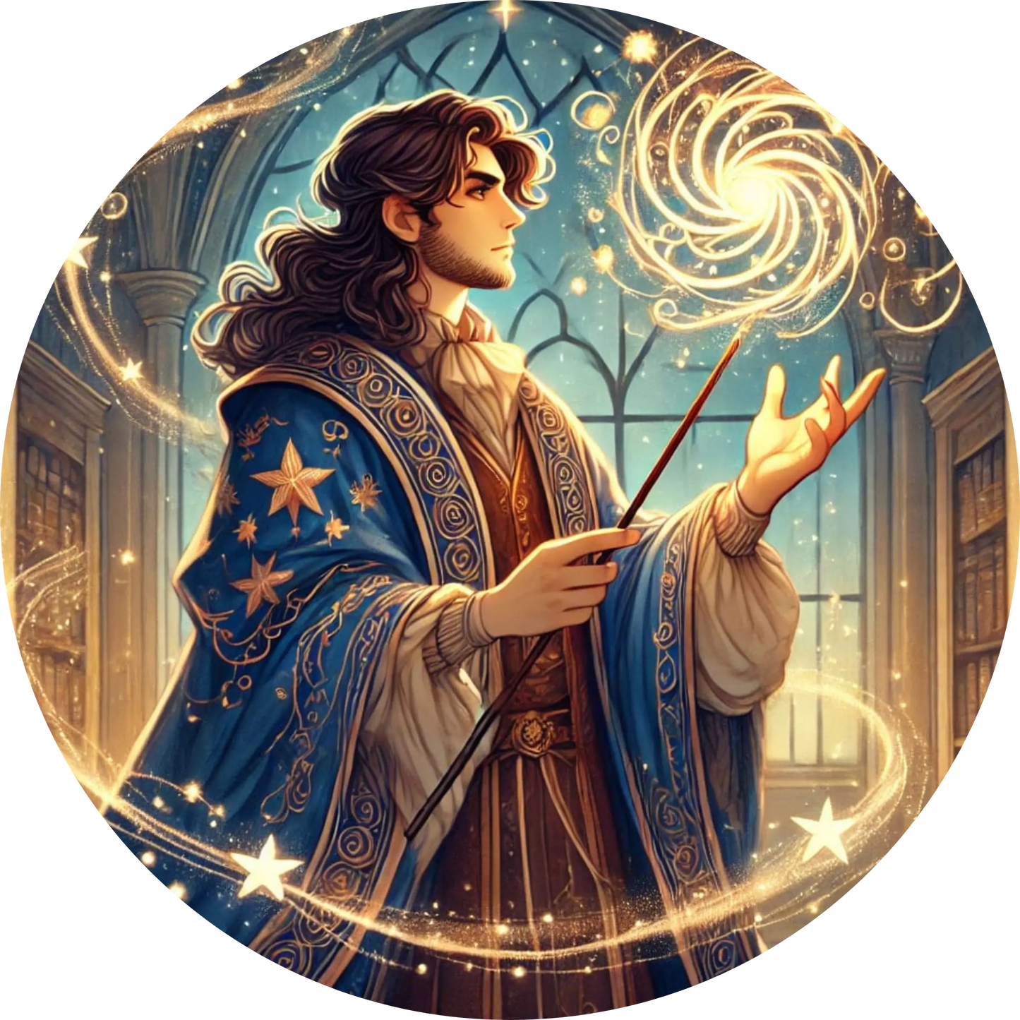 Zauberer in dunklem Umhang beschwört leuchtende Magie in nächtlicher Fantasy-Szene