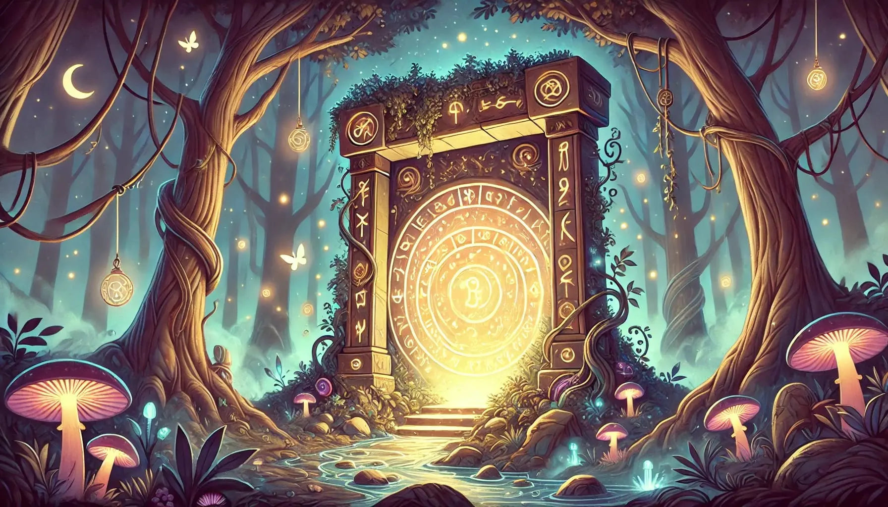 Verwunschener Wald mit einem leuchtenden, von Runen verzierten Portal, umgeben von Pilzen, Schmetterlingen und hängenden Amuletten – verträumte Szene in weichem Abendlicht