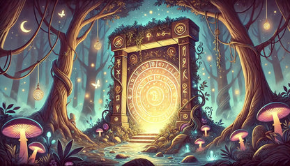 Verwunschener Wald mit einem leuchtenden, von Runen verzierten Portal, umgeben von Pilzen, Schmetterlingen und hängenden Amuletten – verträumte Szene in weichem Abendlicht