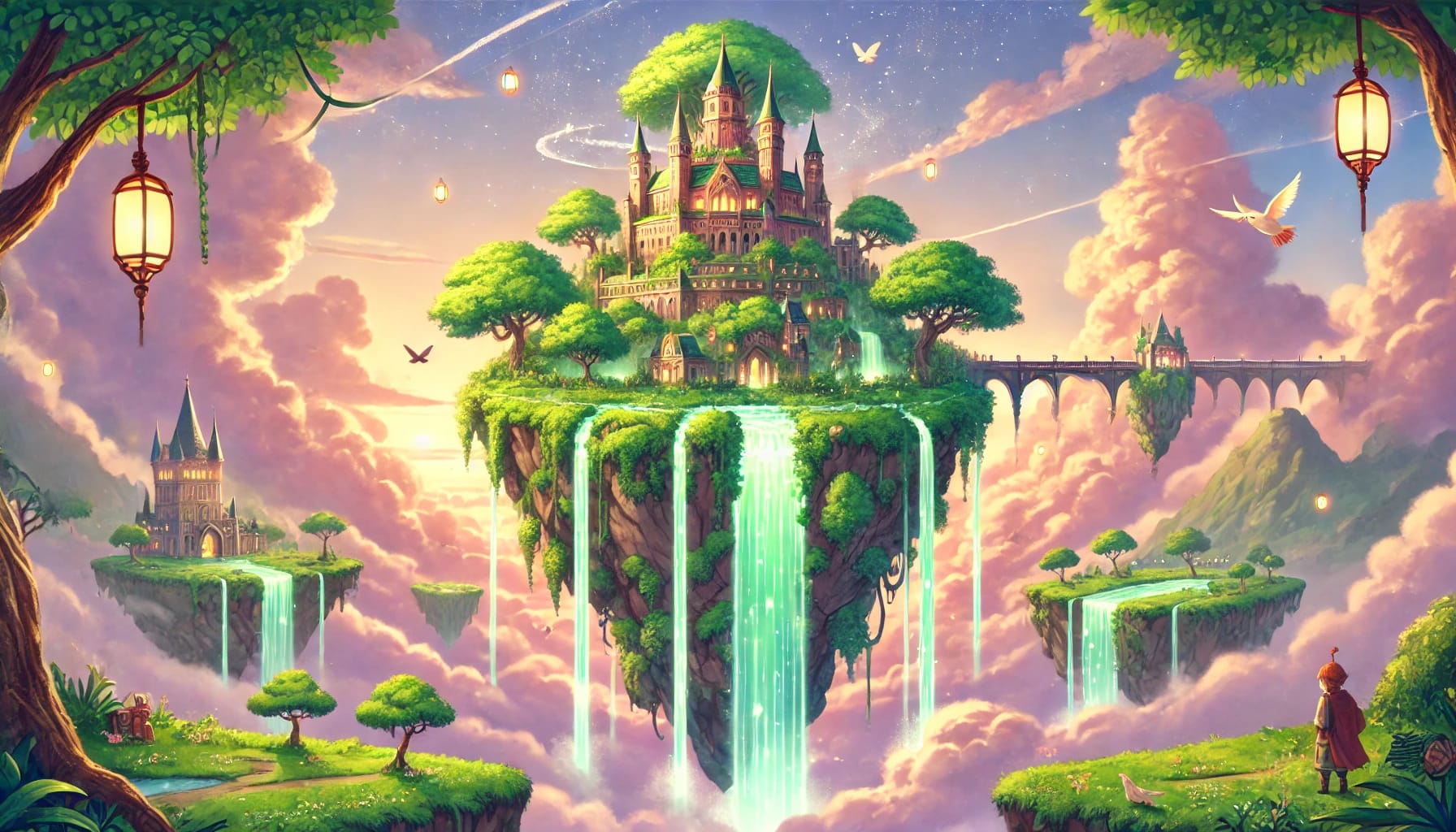 Schwebender Kristallpalast in leuchtendem Grün mit Wasserfallkulisse.