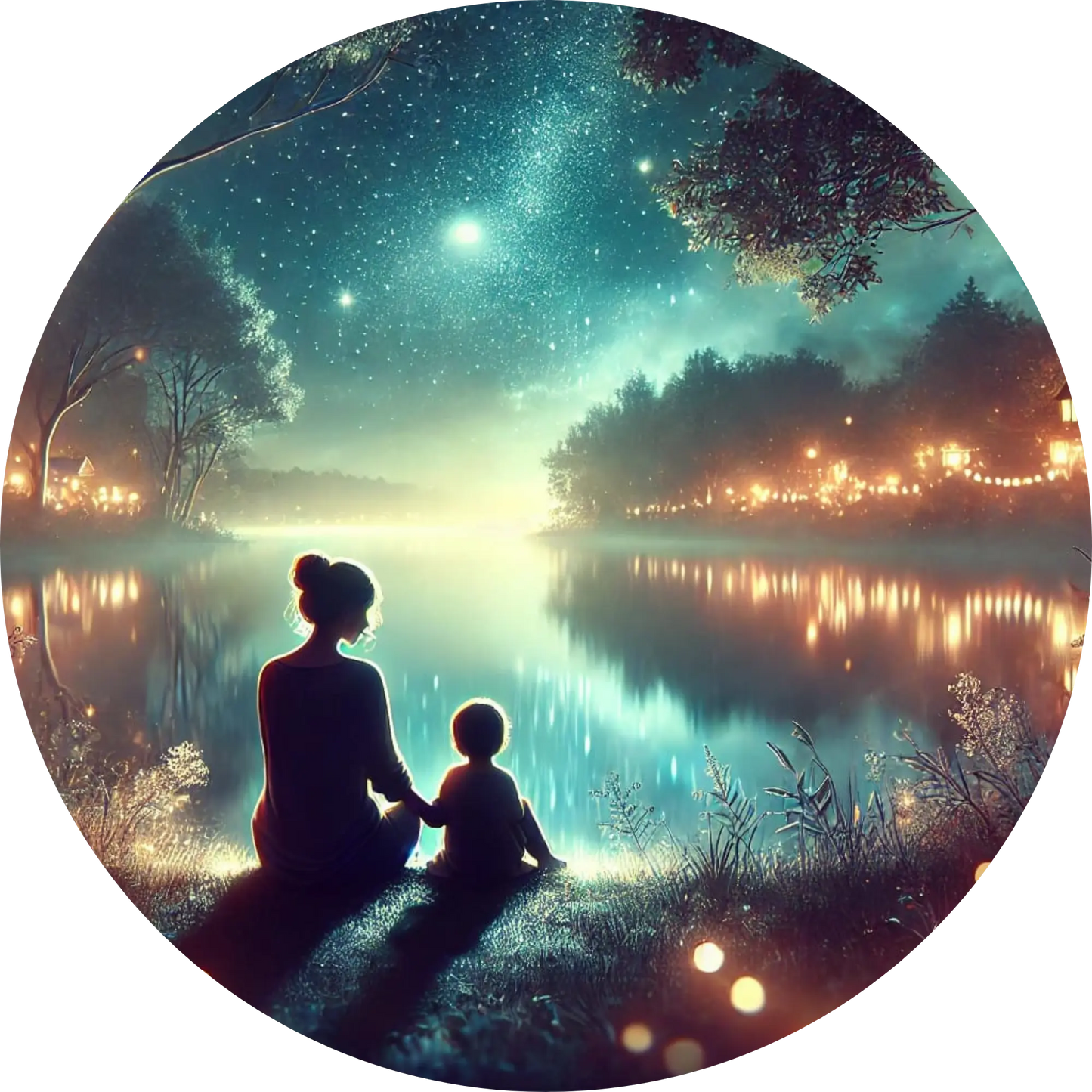Silhouetten von Mutter und Kind unter funkelndem Sternenhimmel – magisch und ruhig.