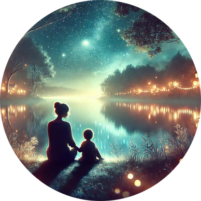 Silhouetten von Mutter und Kind unter funkelndem Sternenhimmel – magisch und ruhig.