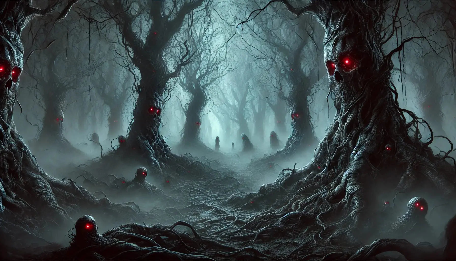 Unheimlicher Wald voller verdrehter Bäume mit leuchtend roten Augen und geisterhaften Gestalten – düstere Fantasy-Szenerie mit Horror-Flair.