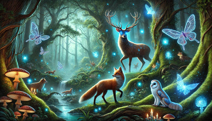 Märchenhafter Wald mit Hirschen, Pilzen und leuchtendem Portal.