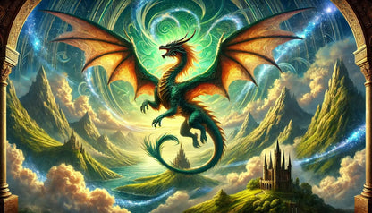 Grüner Drache im Dschungel – Kräftiger, smaragdgrüner Drache windet sich elegant durch eine üppige Pflanzenlandschaft.