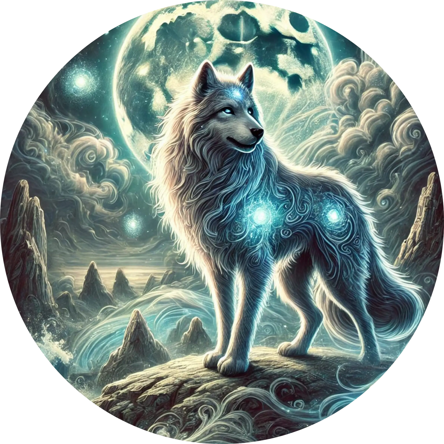 Magischer Wolf mit leuchtendem blauen Fell im nebeligen Wald