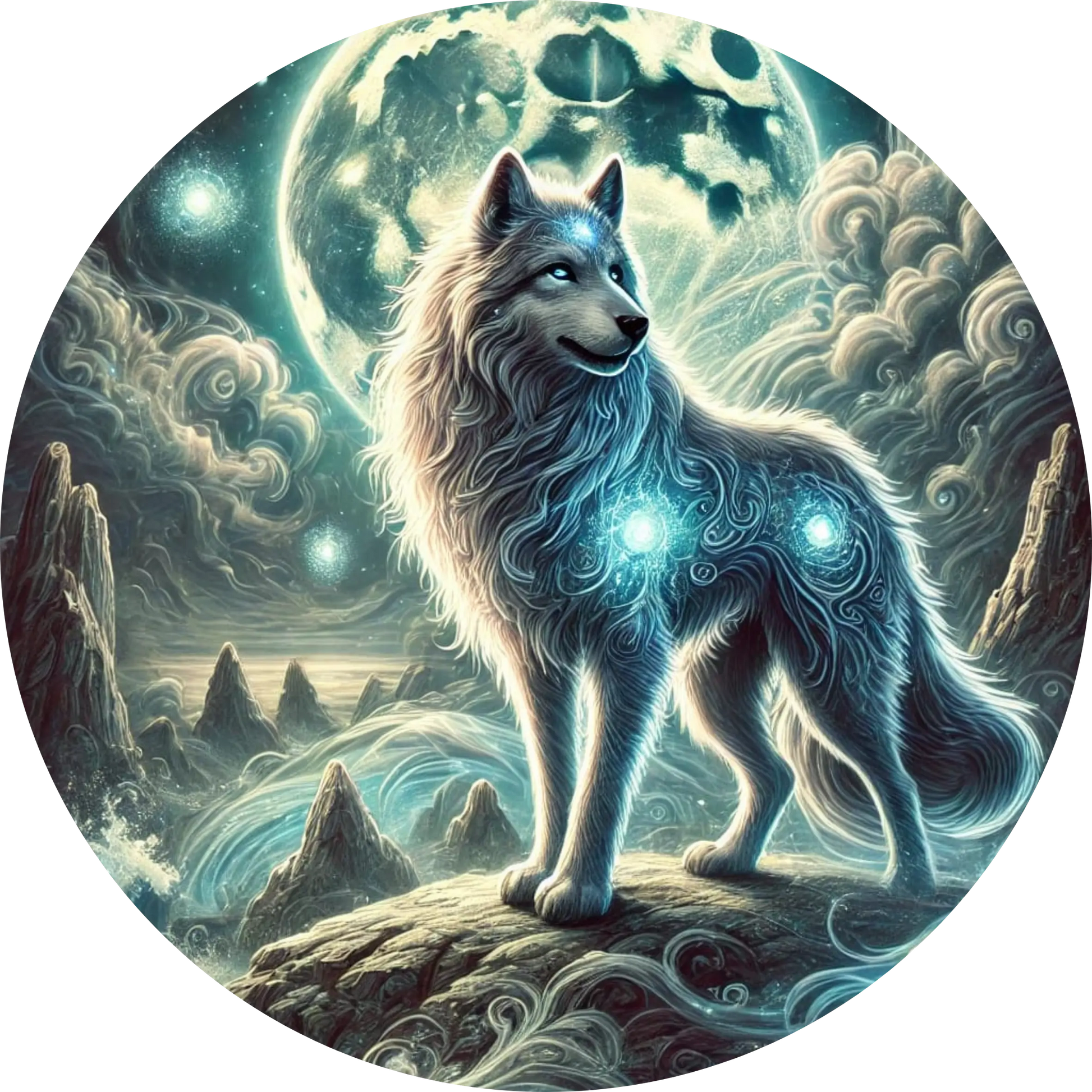 Magischer Wolf mit leuchtendem blauen Fell im nebeligen Wald