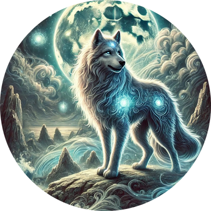 Magischer Wolf mit leuchtendem blauen Fell im nebeligen Wald