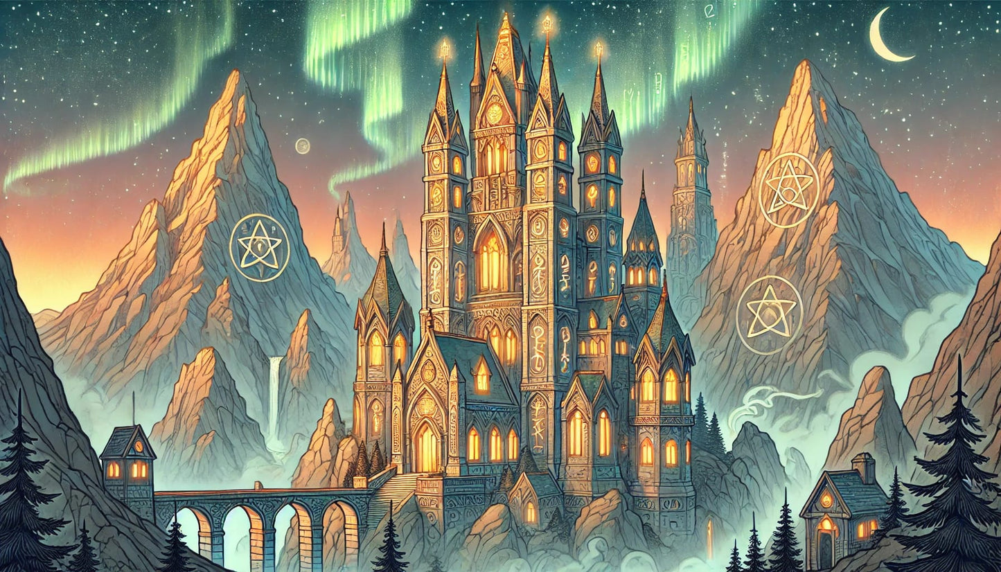 Fantasie-Schloss vor einem pink-blauen Abendhimmel.