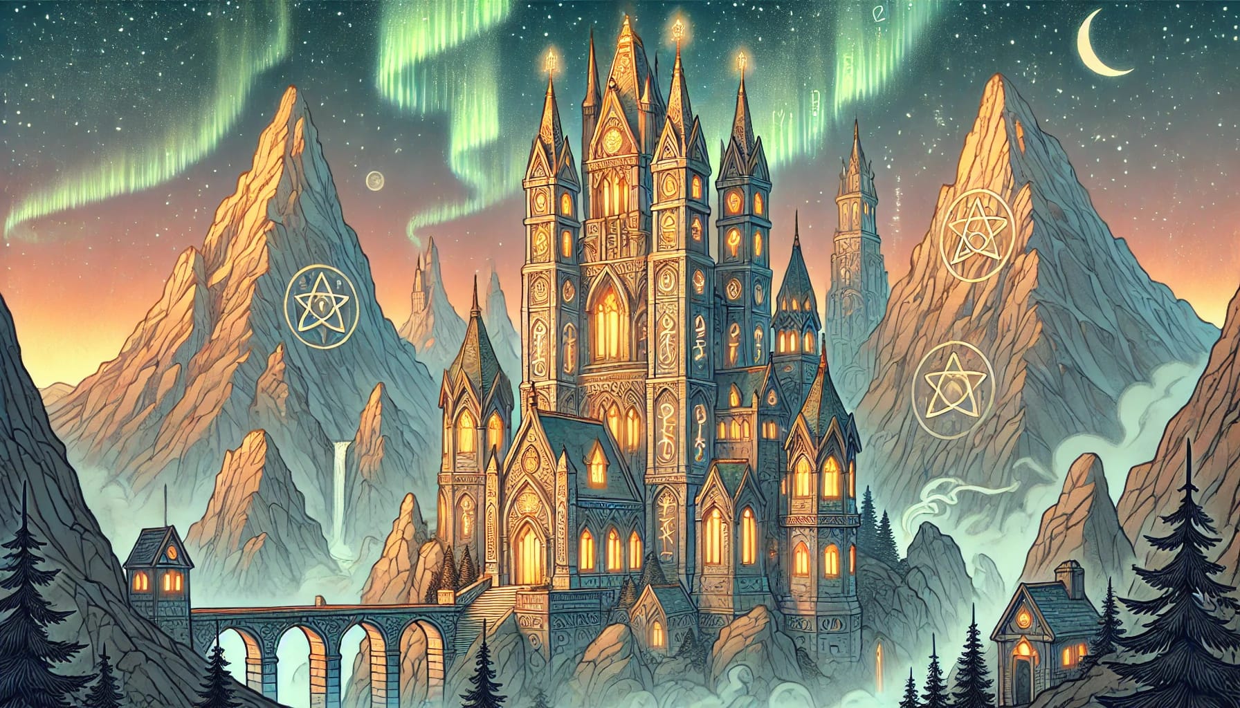 Fantasie-Schloss vor einem pink-blauen Abendhimmel.