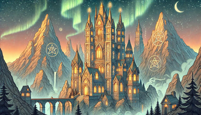 Fantasie-Schloss vor einem pink-blauen Abendhimmel.