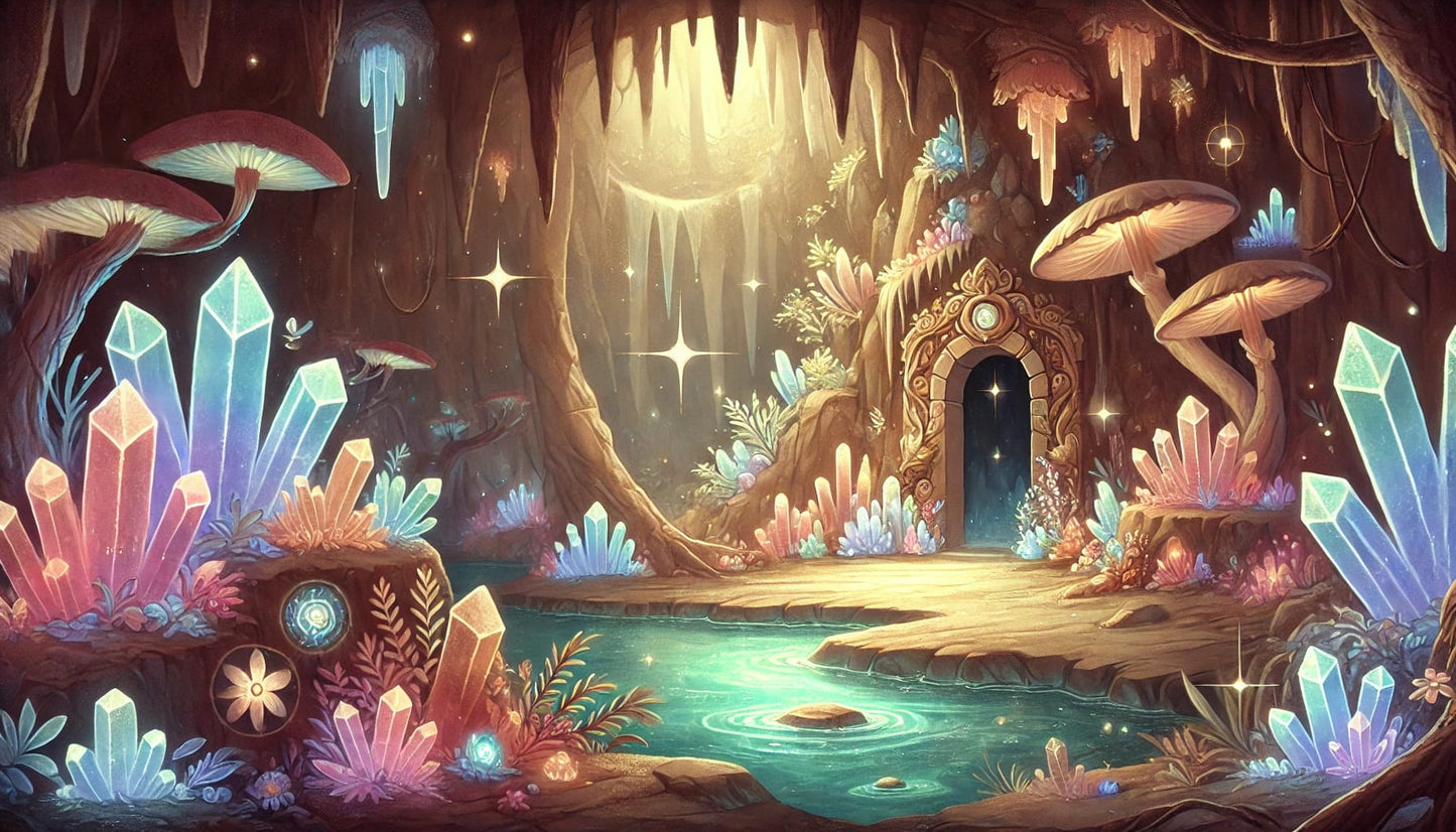 Leuchtende Kristallhöhle mit märchenhaftem Zugang.