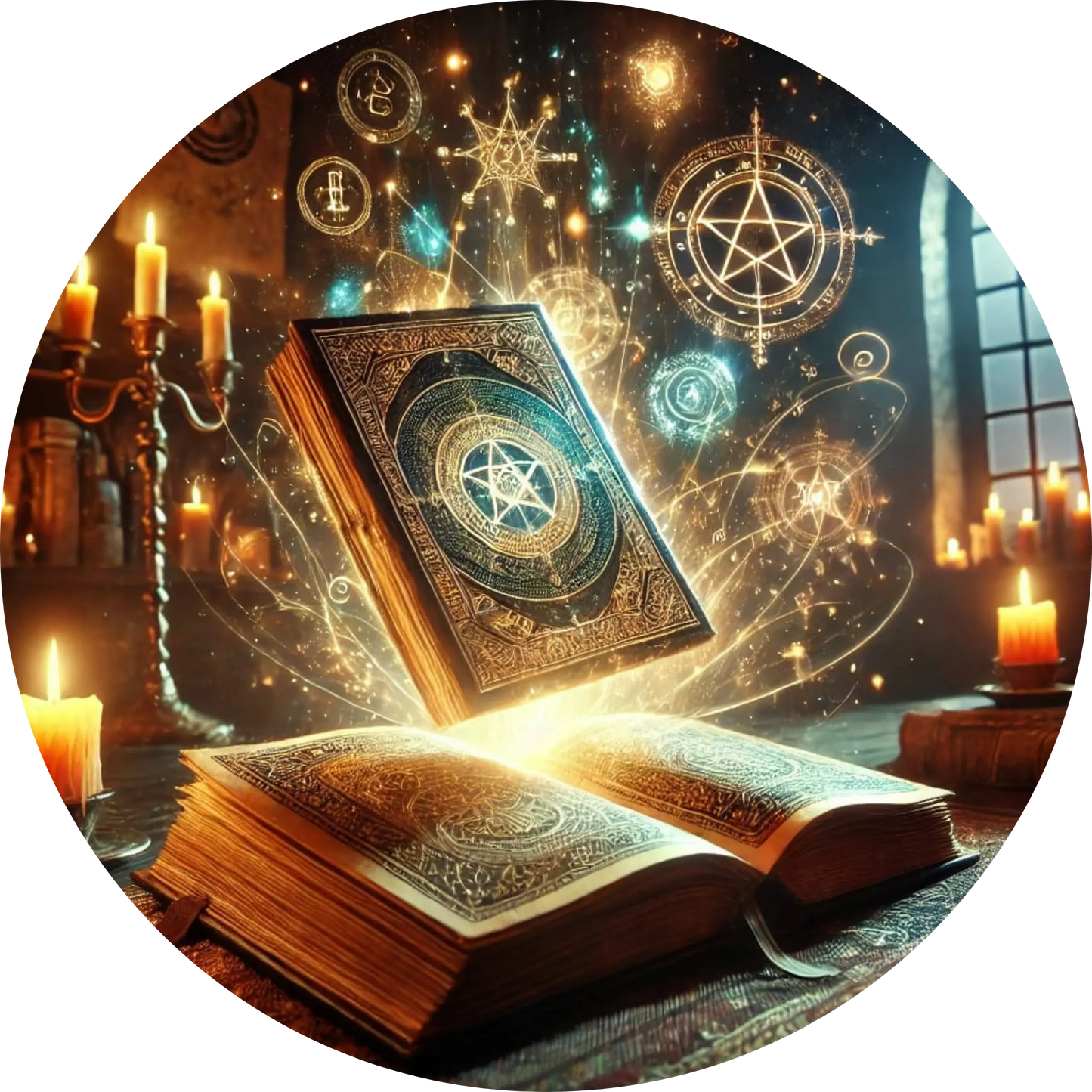 Magisches Buch mit fliegenden Symbolen in einer alten Halle