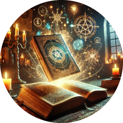 Magisches Buch mit fliegenden Symbolen in einer alten Halle