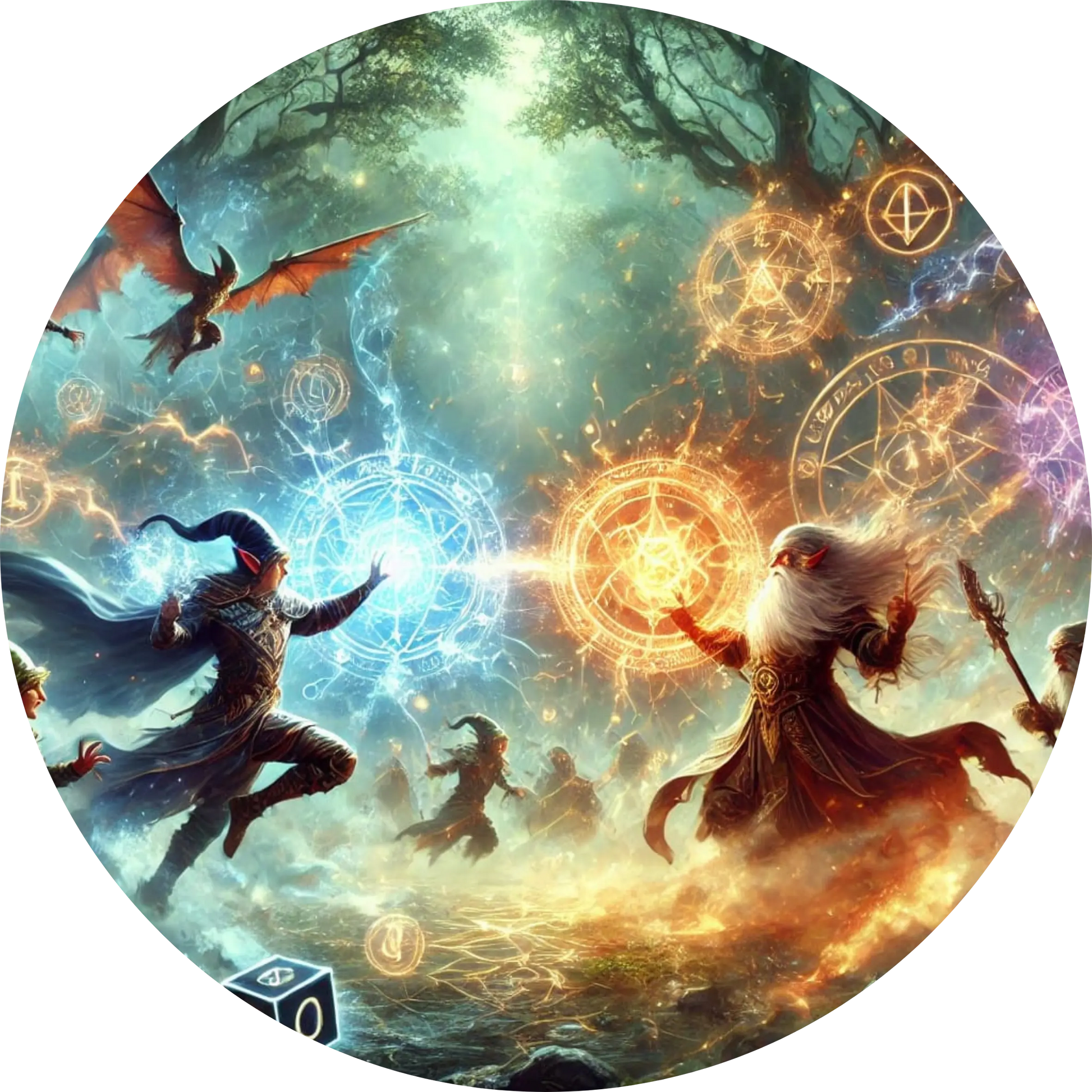 Ein leuchtendem Duell aus Feuer und Eis zwischen verschiedenen Wesen