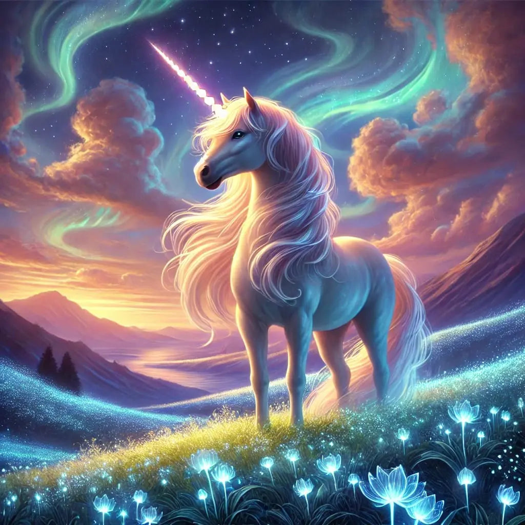 Leuchtendes Einhorn am Wasserfall bei Sonnenuntergang – atmosphärisch und stimmungsvoll.