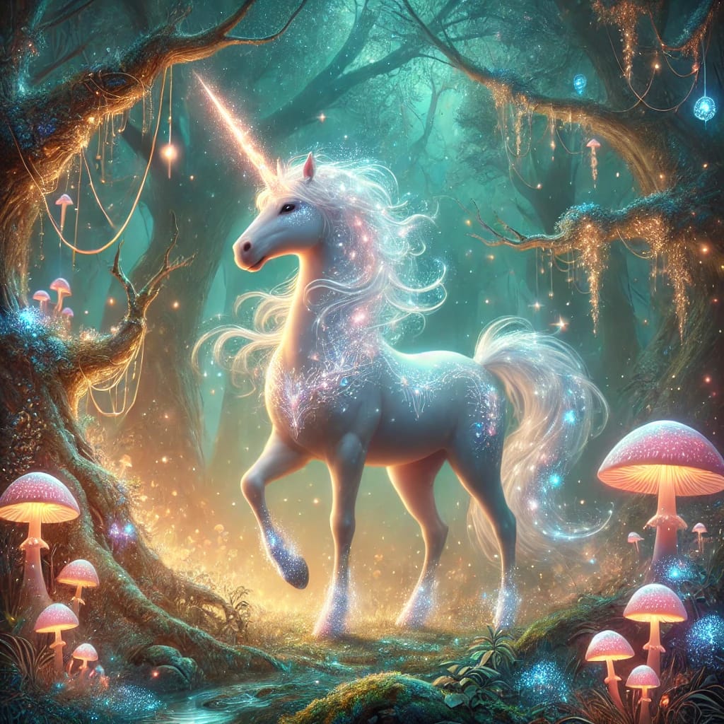 Magisches Einhorn mit glitzerndem Horn steht im nebligen Wald voller leuchtender Pilze.