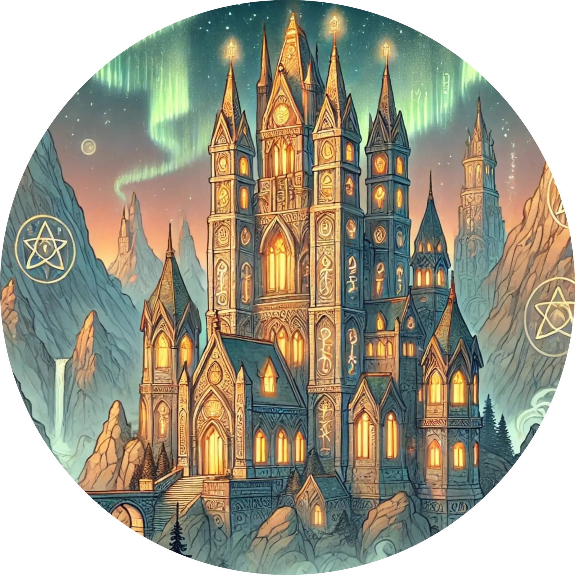 Magisches Schloss mit goldenen Türmen in nächtlicher Kulisse