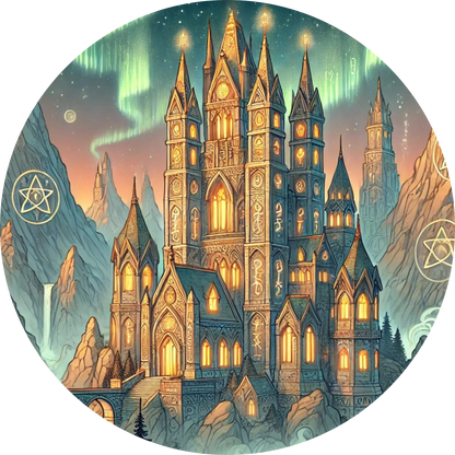 Magisches Schloss mit goldenen Türmen in nächtlicher Kulisse