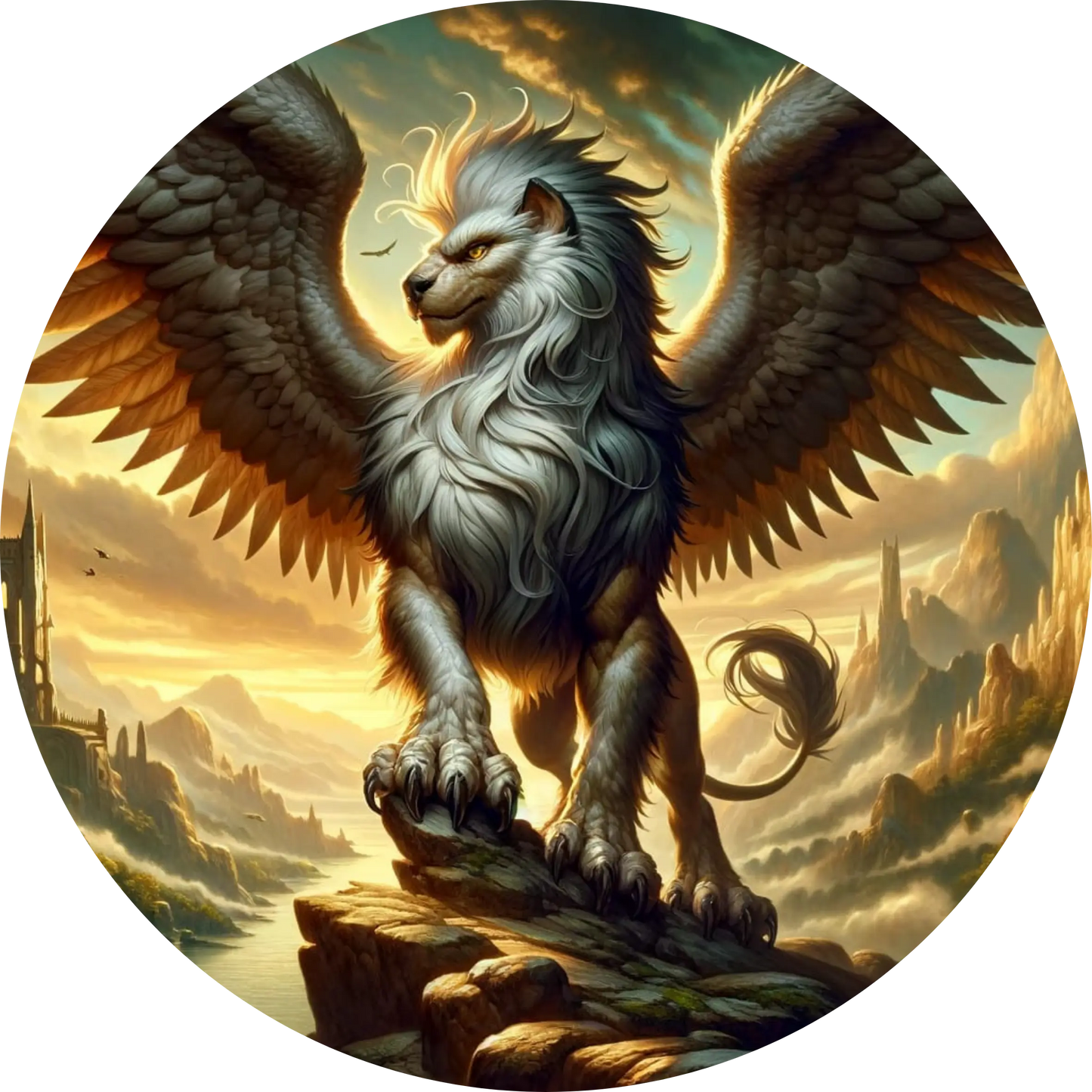 Majestätischer Greif auf Felsen vor dramatischem Himmel