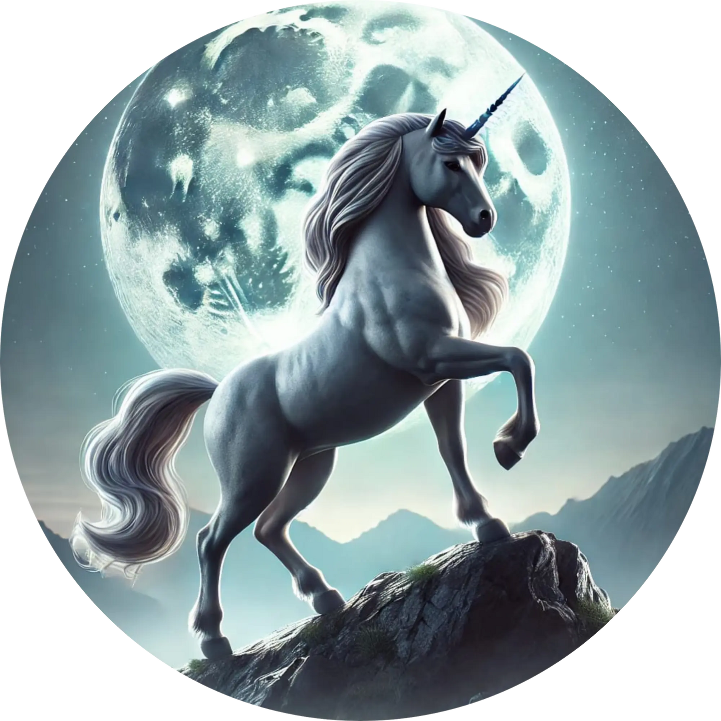  Weißes Einhorn auf einem Felsen vor Vollmond