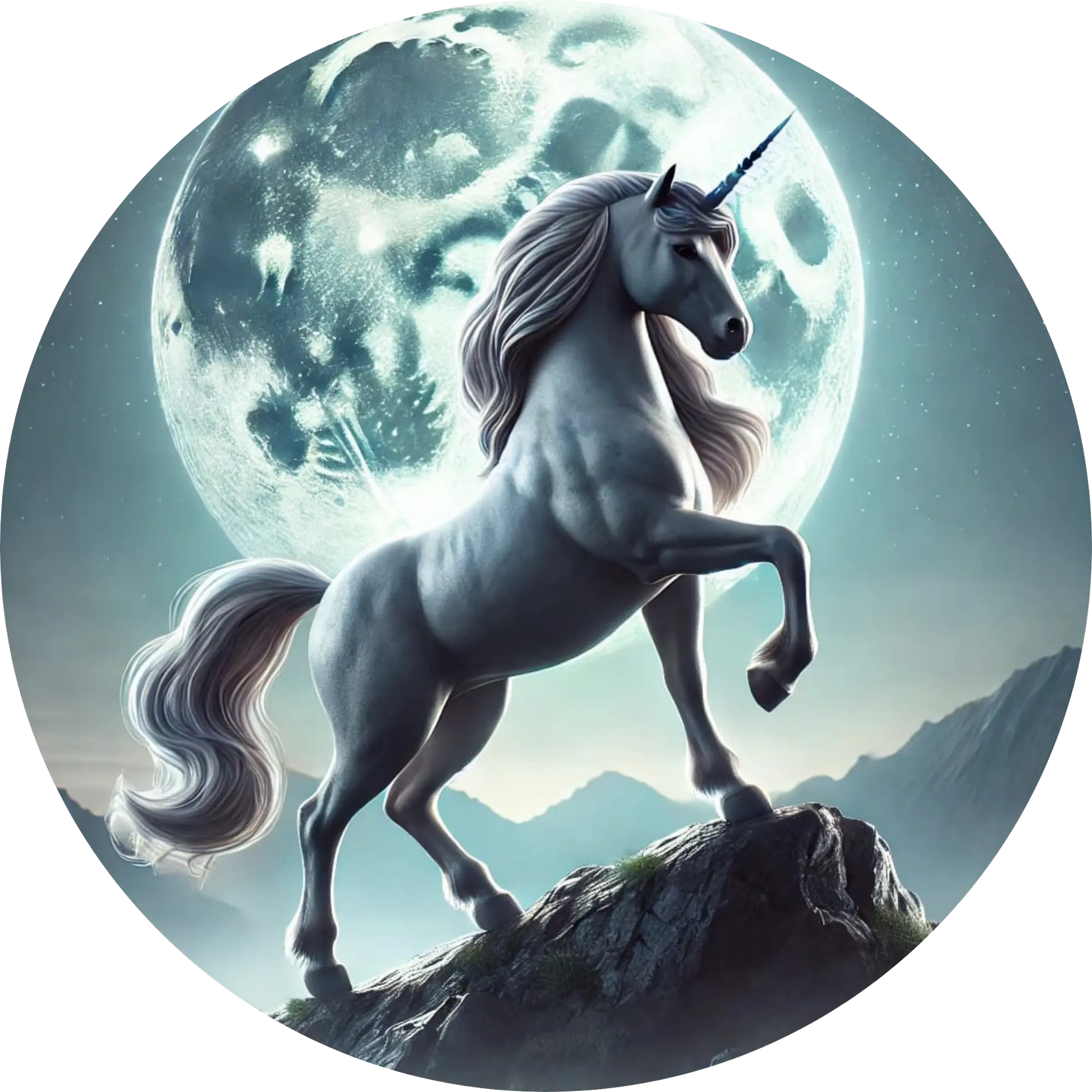  Weißes Einhorn auf einem Felsen vor Vollmond