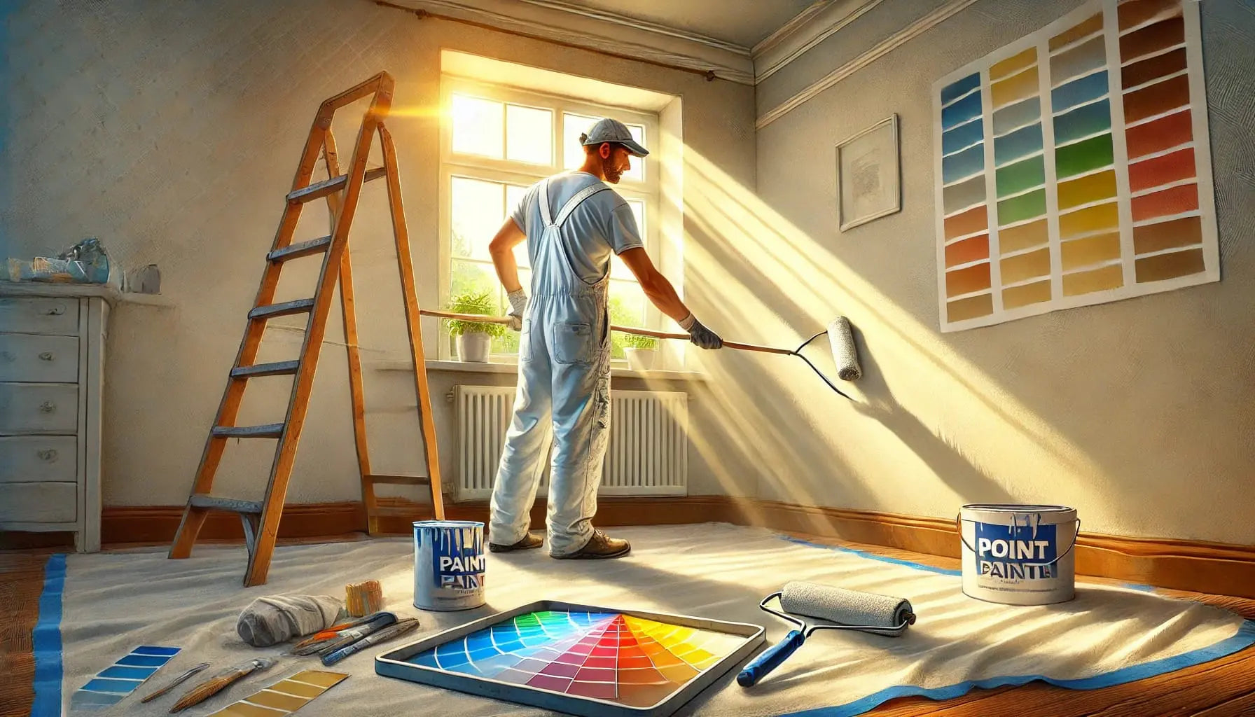 Maler bei der Arbeit
Essbarer Tortenaufleger im DIN A4 Format – Design eines Malers beim Streichen einer Wand, mit Farbrollen und Farbfächer, kreativ und farbenfroh