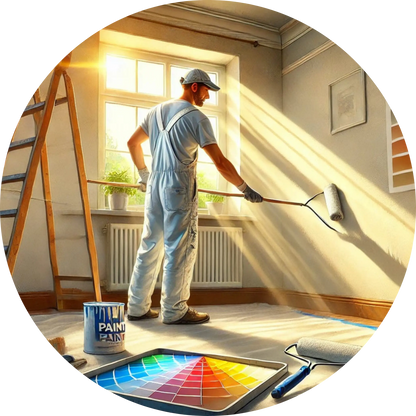 Maler streicht mit einer Farbrolle eine Innenwand, Tageslicht durch Fenster