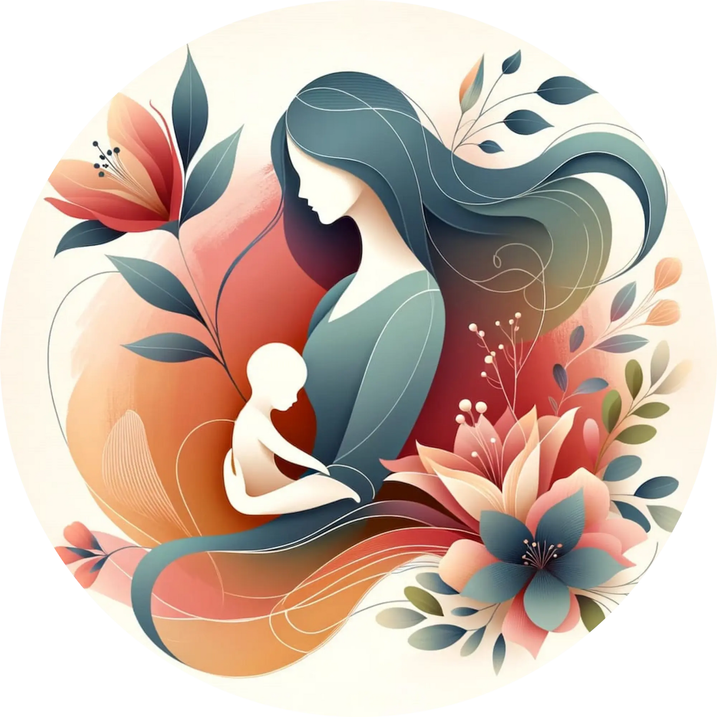 Illustrierte Mutter mit Kind auf dem Schoß, eingebettet in stilisierte Blütenformen.