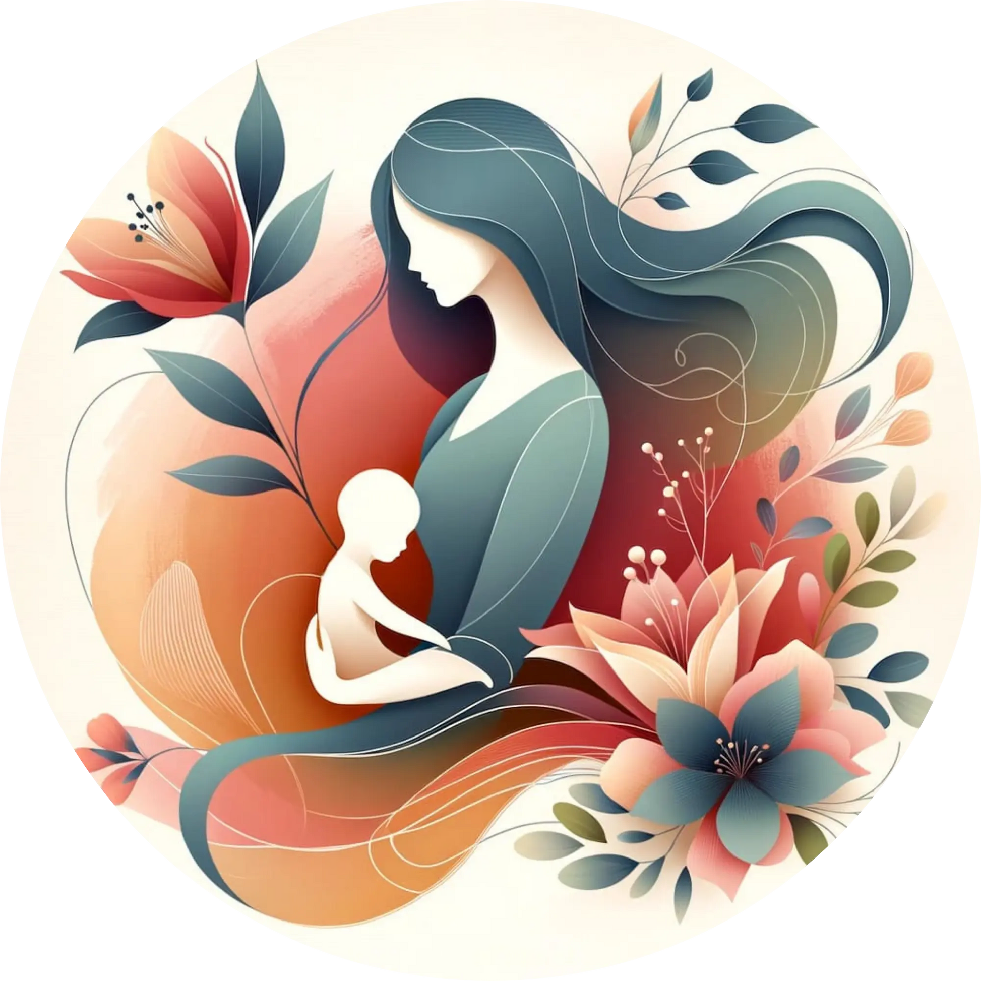 Illustrierte Mutter mit Kind auf dem Schoß, eingebettet in stilisierte Blütenformen.