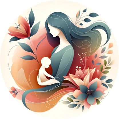 Illustrierte Mutter mit Kind auf dem Schoß, eingebettet in stilisierte Blütenformen.