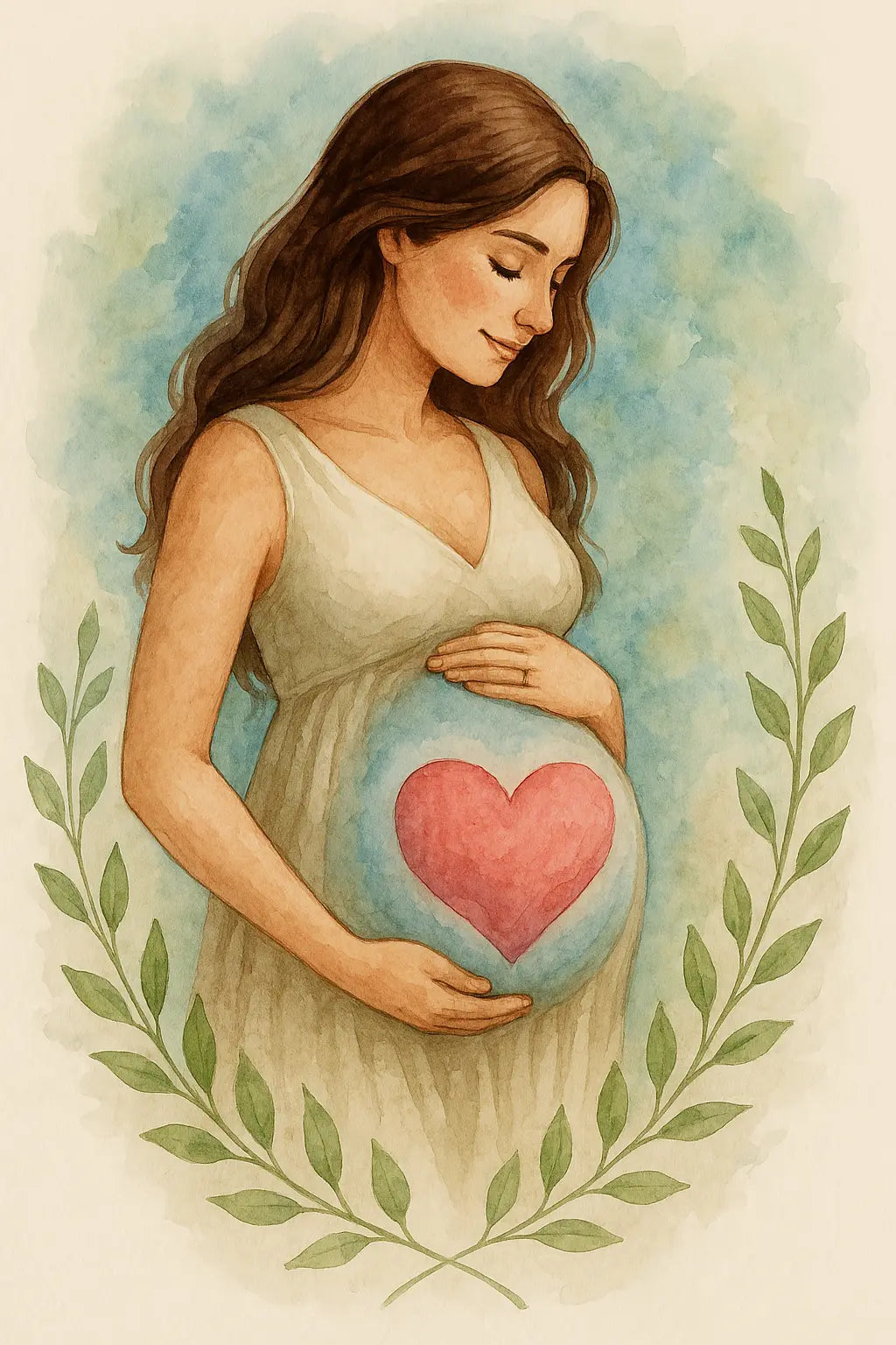 Aquarellbild einer schwangeren Frau vor floraler Kulisse – liebevoll und zart illustriert mit Blumenakzenten.