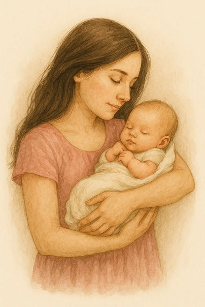 Sanftes Aquarellbild einer Mutter, die liebevoll ihr neugeborenes Baby im Arm hält