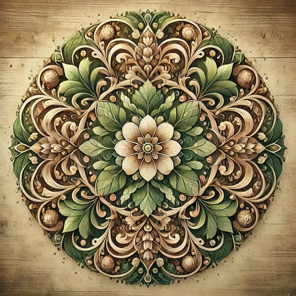 Detailreiches Mandala in Naturtönen mit floralen Mustern – rustikaler Hintergrund in Holzoptik
