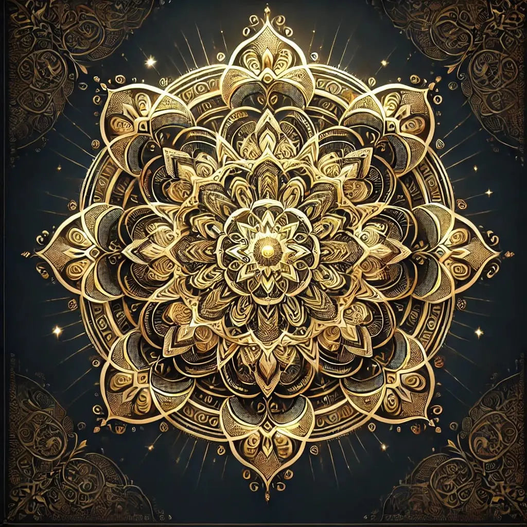 Prächtiges Mandala in Gold auf dunklem Grund – opulentes Design mit sternähnlichen Verzierungen