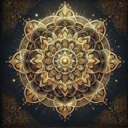 Prächtiges Mandala in Gold auf dunklem Grund – opulentes Design mit sternähnlichen Verzierungen
