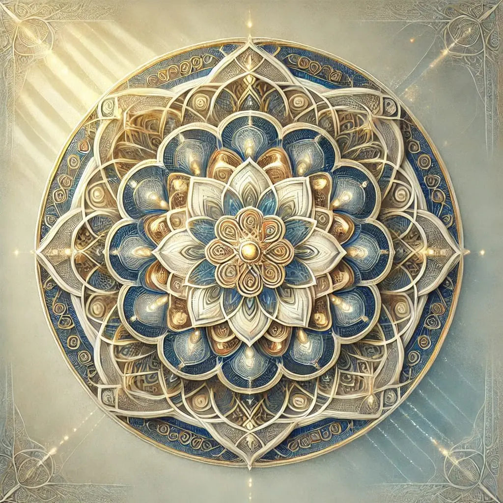 Elegantes Mandala in Blau und Gold mit filigranen Details – edler Look auf hellem, leuchtendem Hintergrund