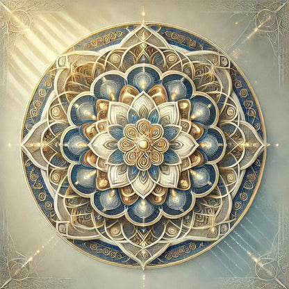 Elegantes Mandala in Blau und Gold mit filigranen Details – edler Look auf hellem, leuchtendem Hintergrund