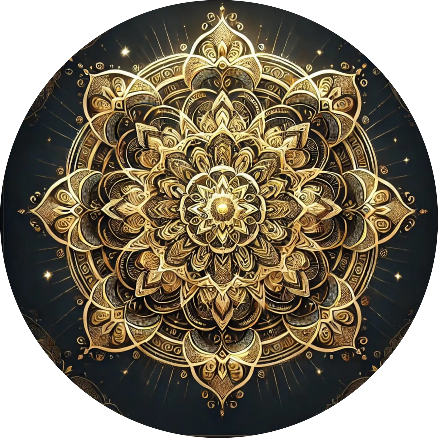 Goldenes Mandala mit floralen Details auf dunklem Grund