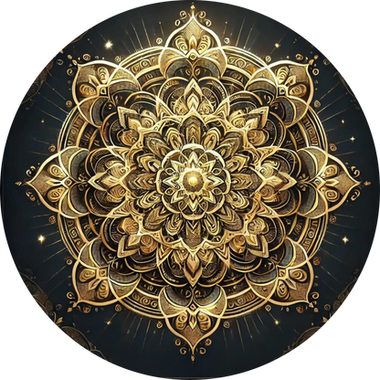 Goldenes Mandala mit floralen Details auf dunklem Grund