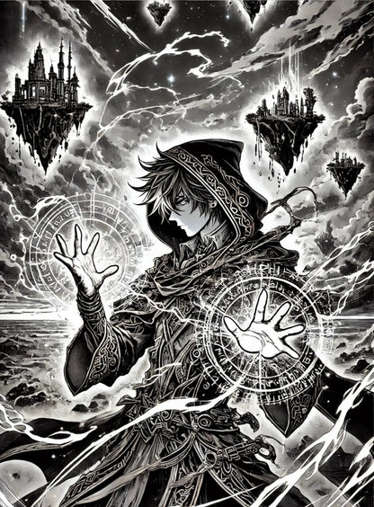 Fantasy-Magier in Schwarz-Weiß:
Ein männlicher Manga-Charakter im epischen Fantasy-Stil beschwört Magie vor einem dramatischen Himmel mit Blitzen – vollständig in Schwarz-Weiß gehalten.