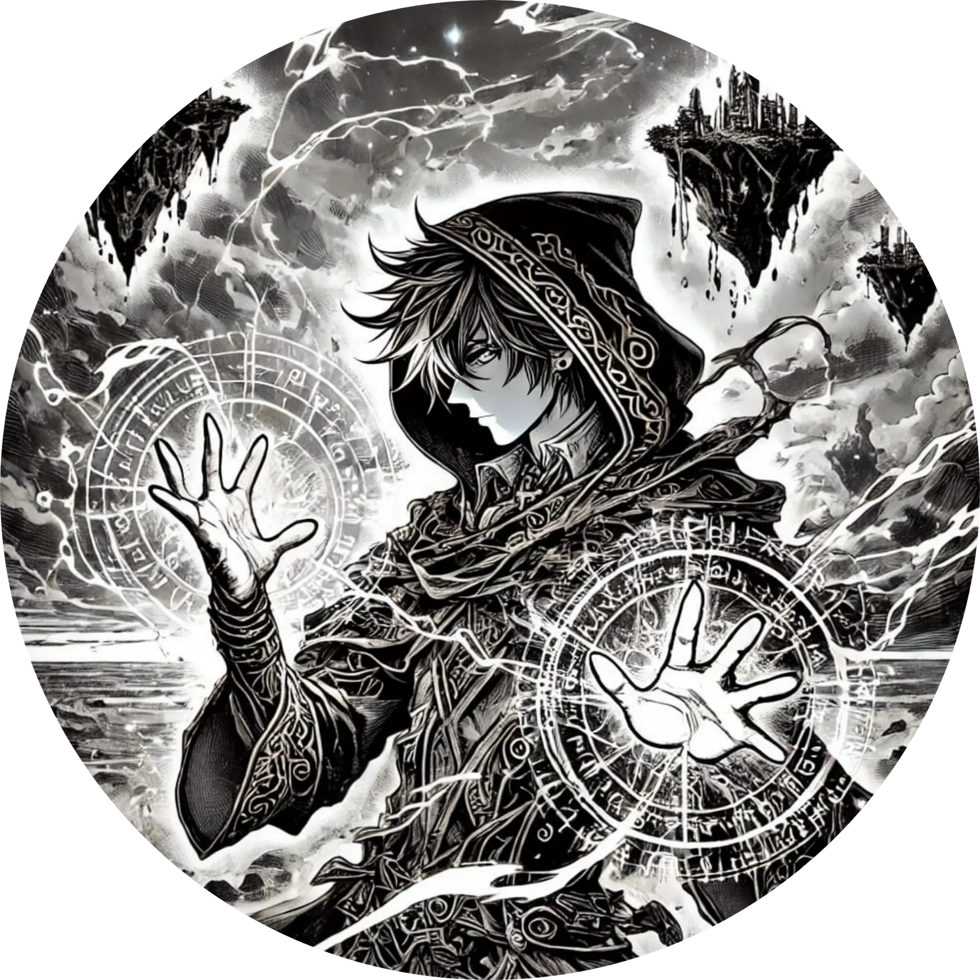Manga-Figur mit magischem Kreis, umgeben von Blitzen und Runen
