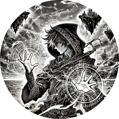 Manga-Figur mit magischem Kreis, umgeben von Blitzen und Runen
