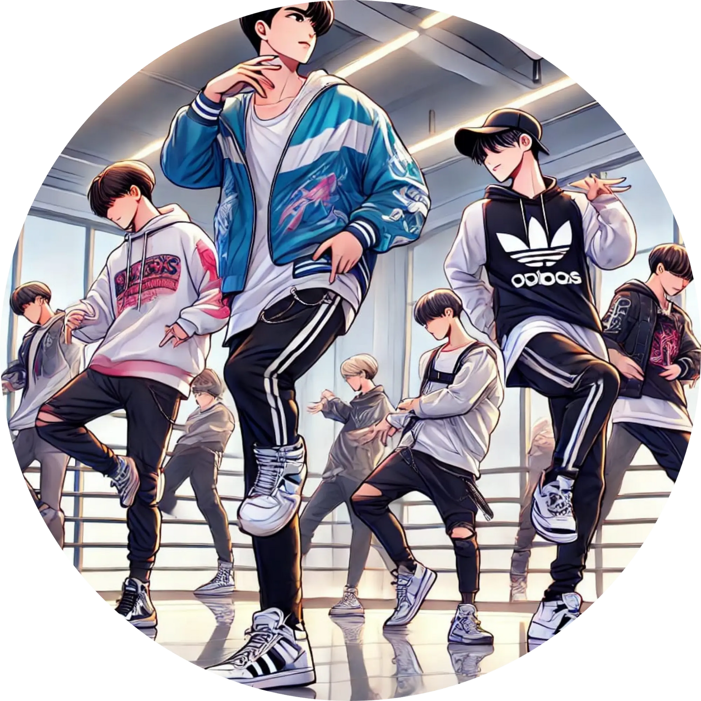 Tänzer in Streetwear-Outfits führen synchrone K-Pop-Choreografie auf
