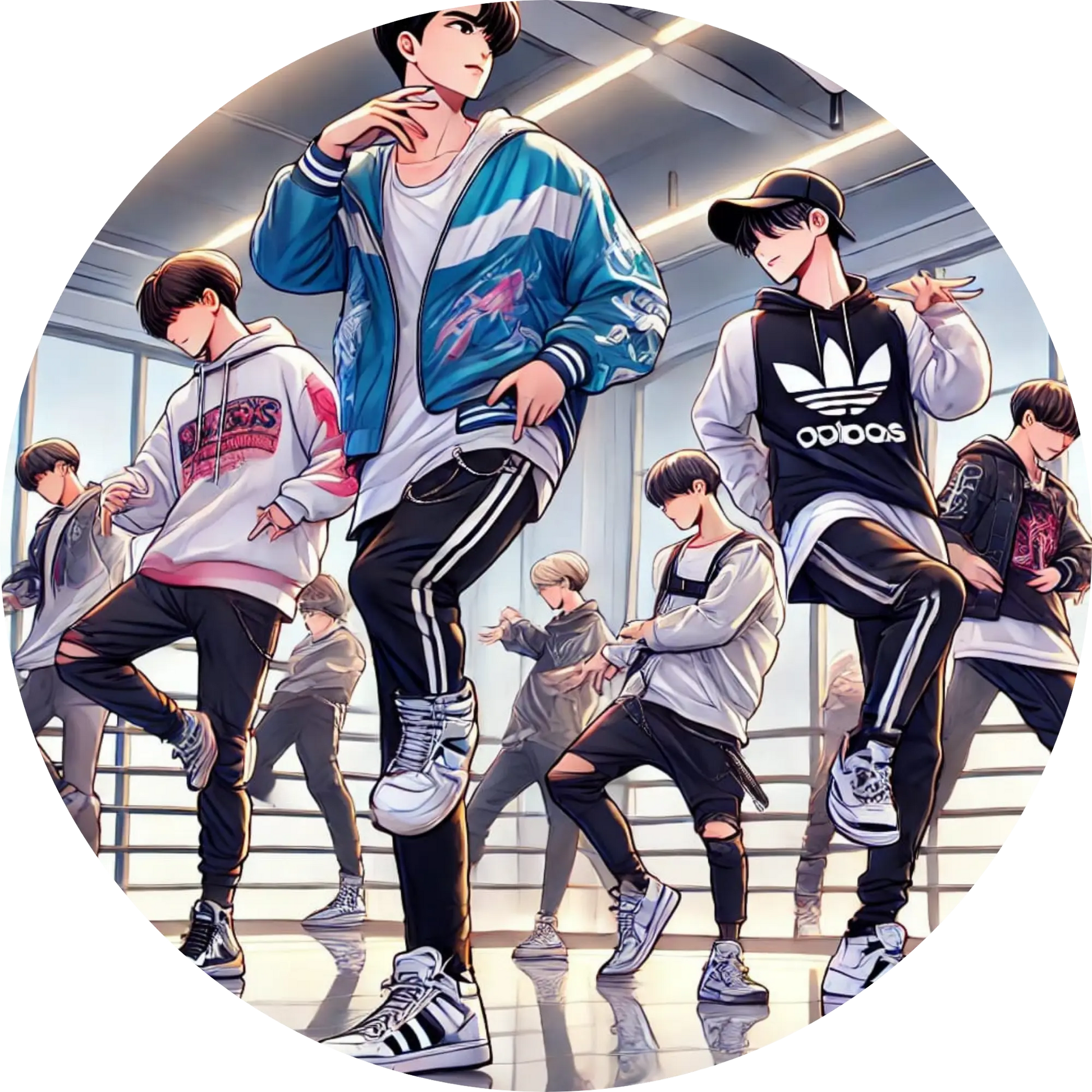Tänzer in Streetwear-Outfits führen synchrone K-Pop-Choreografie auf
