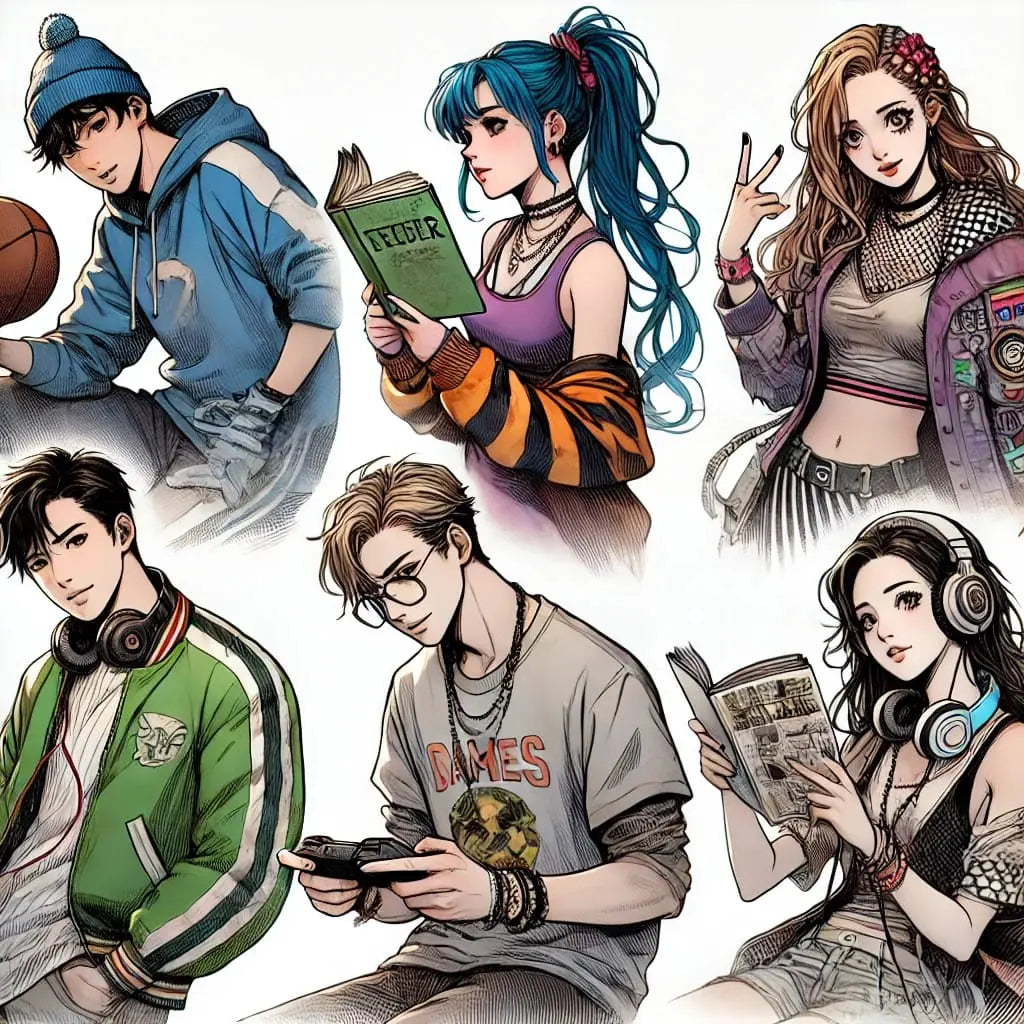 Diverse Manga-Figuren mit jugendlichem Stil und Freizeitkleidung beim Lesen, Spielen oder Musikhören