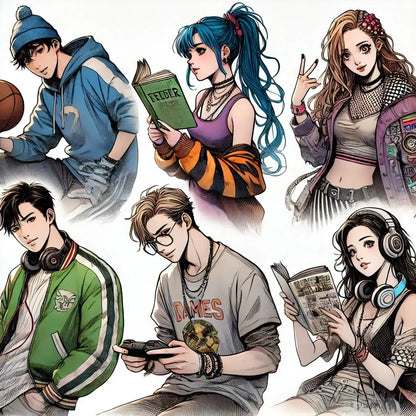 Diverse Manga-Figuren mit jugendlichem Stil und Freizeitkleidung beim Lesen, Spielen oder Musikhören