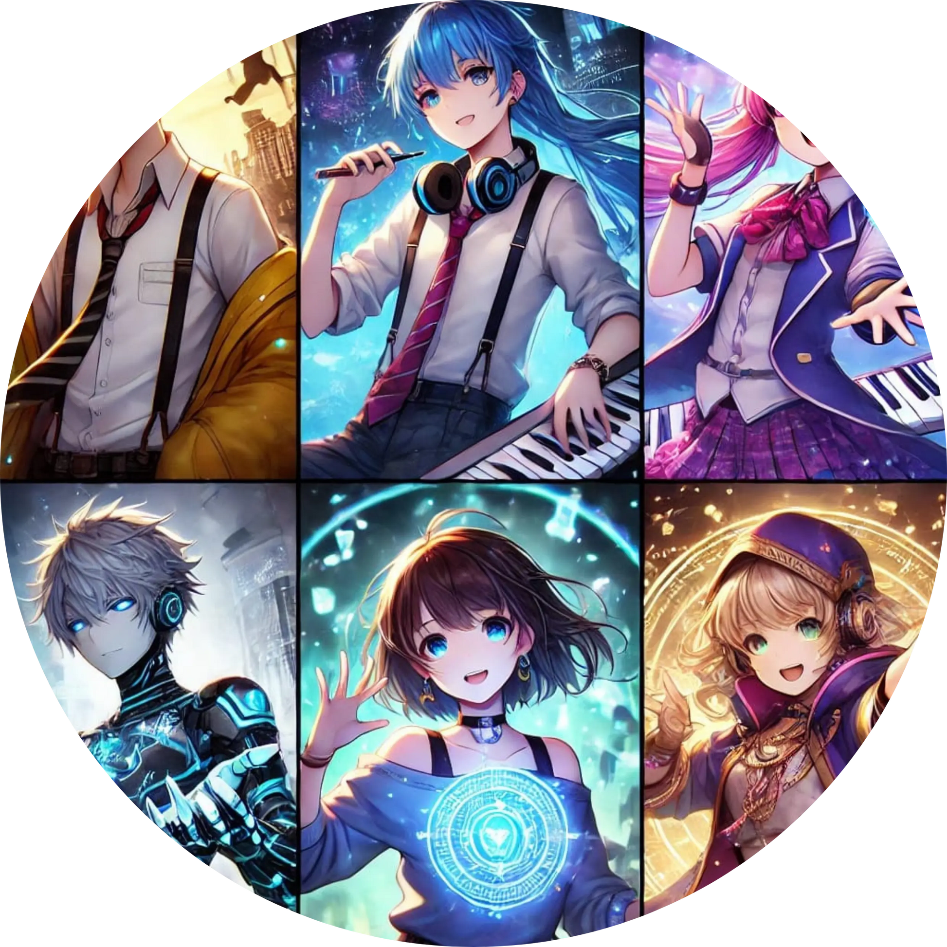 Collage aus Mangafiguren in leuchtenden Farben – Musik, Technik, Action
