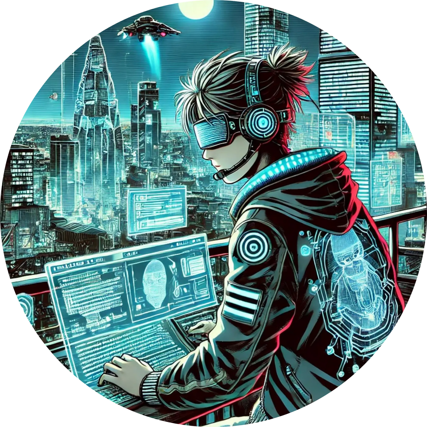 Gamer oder Hacker mit VR-Brille vor futuristischer Stadt und digitalen Screens